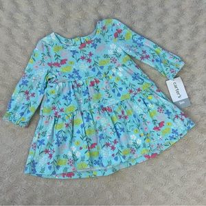 Carter’s Aqua Blue Floral Dress Size 3 Months Pink Yellow Tiered
